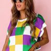 Women's Tillandsia Purple Color Block Cap Sleeve Sweater - Stylish Checkered Knit Top - Image 3