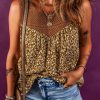 Women's Brown Eyelet Knit Yoke Patchwork Printed Flowy Tank Top - Image 3