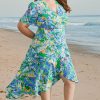 Plus Size Green Leaves Print Short Sleeve Surplice Neck Maxi Dress with Ruffled Trim - Image 7