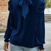 Women's Elegant Sky Blue Mock Neck Puff Sleeve Velvet Blouse - Image 2