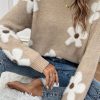 Women's Parchment Flower Pattern Crew Neck Sweater with Ribbed Trim - Image 5