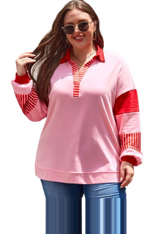 Plus Size Rose Striped Patchwork Side Split Collared Sweatshirt