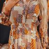 Women's Orange Boho Floral Puff Sleeve Mini Shirt Dress with Smocked Waist - Image 6