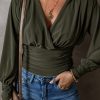 Women's Moss Green Ruched Wrap V Neck Long Sleeve Bodysuit - Image 3