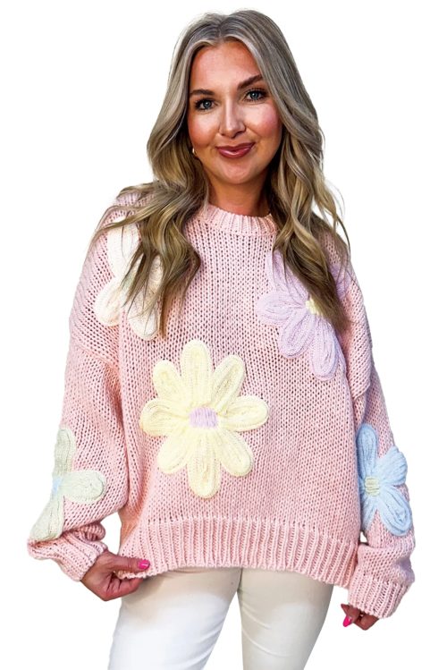 Women's Pink Floral Embroidered Oversized Sweater - Cozy Knit Design