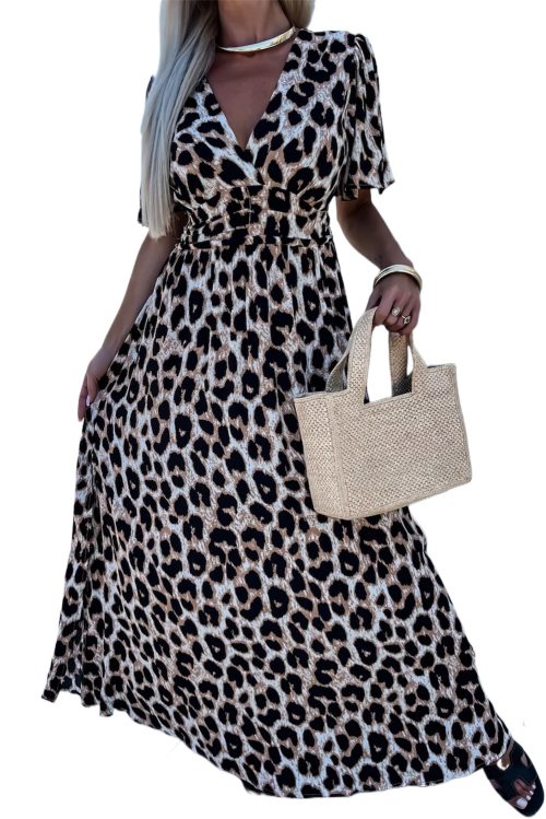 Women's Khaki Leopard V Neck Cinched High Waist Open Back Maxi Dress