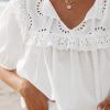 Women's White Embroidered Lace Patchwork Tie Neck Puff Short Sleeve Blouse - Image 10