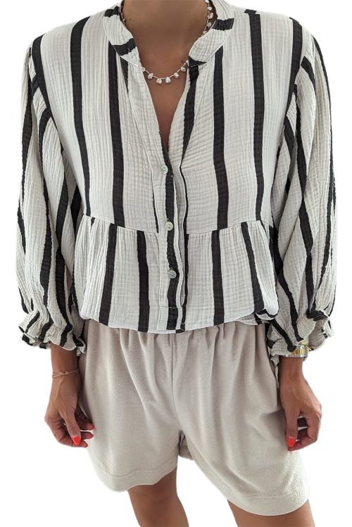 Women's Black Stripe Crinkled Ruffled Sleeve Button-Up Loose Shirt