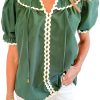 Women's Mist Green Ric Rac Trim Tie Split Neck Blouse - Trendy Short Sleeve Top - Image 11