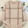 Women's Khaki Plaid Pattern Knitted Long Sleeve Drop Shoulder Sweater - Image 8