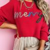 Women's Fiery Red Tinsel Merry Letter Drop Shoulder Baggy Sweater - Image 2