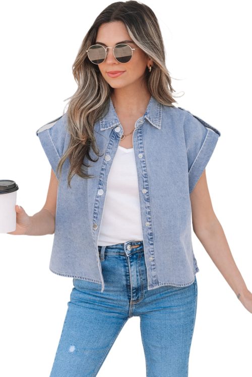 Women's Dusk Blue Denim Pinup Folded Cap Sleeve Shirt - Stylish Cropped Blouse