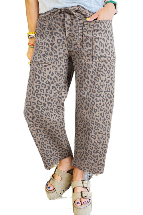 Women's Khaki Leopard Printed Wide Leg Jeans with Drawstring Waist and Pockets