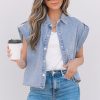 Women's Dusk Blue Denim Pinup Folded Cap Sleeve Shirt - Stylish Cropped Blouse - Image 4