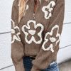 Women's Elegant Parchment Contrast Floral Half Zipper Sweater - Image 5