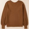 Women's Camel Ribbed Knit Drop Sleeve V Neck Loose Fit Sweater - Cozy & Chic - Image 8