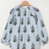 Women's Beau Blue Striped Floral Printed Long Sleeve Tied V Neck Blouse - Image 7