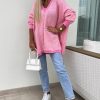 Women's Pink Striped Scallop V Neck Loose Sweater with Side Slits - Image 5