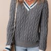 Women's Medium Grey Color Contrast Ribbed Edge Cable Knit V Neck Sweater - Image 2