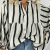 Women's Black Stripe Crinkled Ruffled Sleeve Button-Up Loose Shirt - Image 3