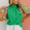 Women's Bright Green Floral Puff Sleeve Ruffled Collar Top - Image 7