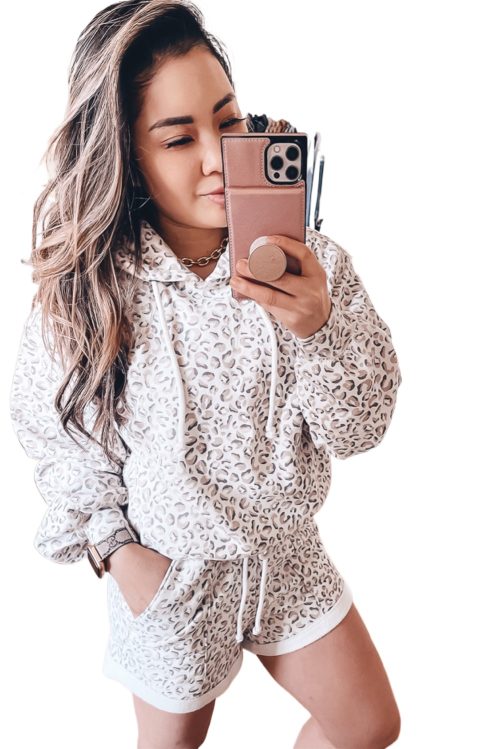 Women's White Classic Leopard Hoodie and Shorts Set