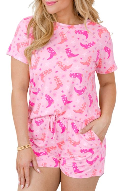 Women's Pink Western Boots Printed Short 2-Piece Lounge Set for Summer