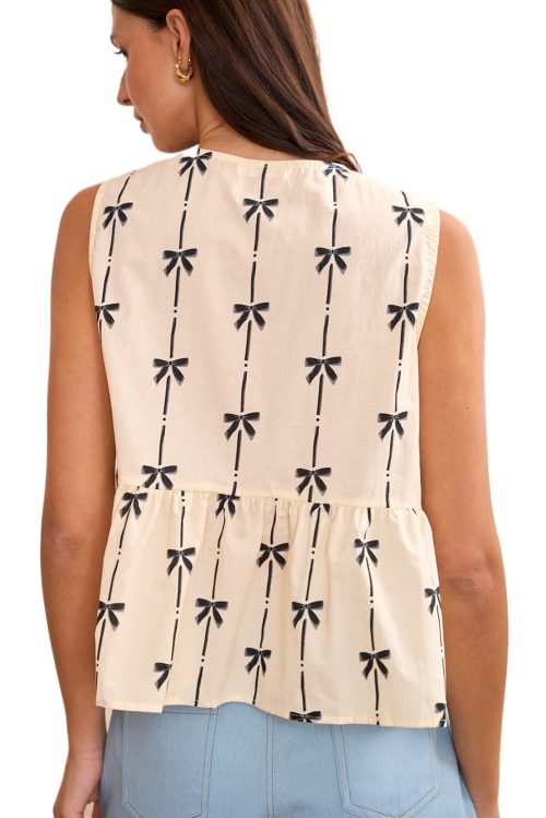 Women's White Bow Printed Ruffled Vest with Tie Closure - Elegant Summer Top