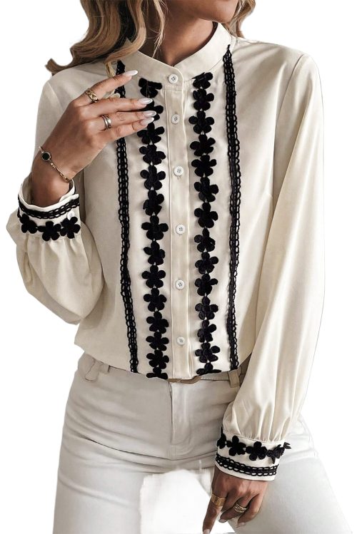 Elegant Women's Beige Floral Embroidered Stand Neck Buttoned Shirt