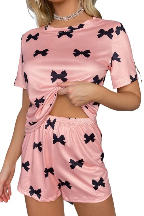 Women's Pink Bow Printed Short 2-Piece Lounge Set - Cute Casual Loungewear