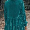 Women's Elegant Sea Green Velvet V Neck Peplum Hem Puff Sleeve Blouse - Image 10