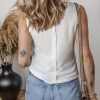 Women's White Solid Color Waffle Knit Half Button Sleeveless Tank Top - Image 2