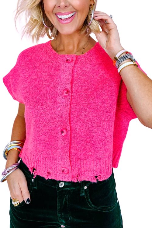 Bright Pink Distressed Hem Short Sleeve Knitted Button Front Sweater for Women