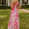 Women's Pink Abstract Floral Print Shirred One Shoulder Maxi Dress for Summer - Image 2