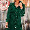 Elegant Green Long Sleeve Ruffle Velvet Button Up Mini Dress - Image 3