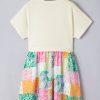 Women's Green Floral Patchwork T-Shirt Pleated Mini Dress with Short Sleeves - Image 7