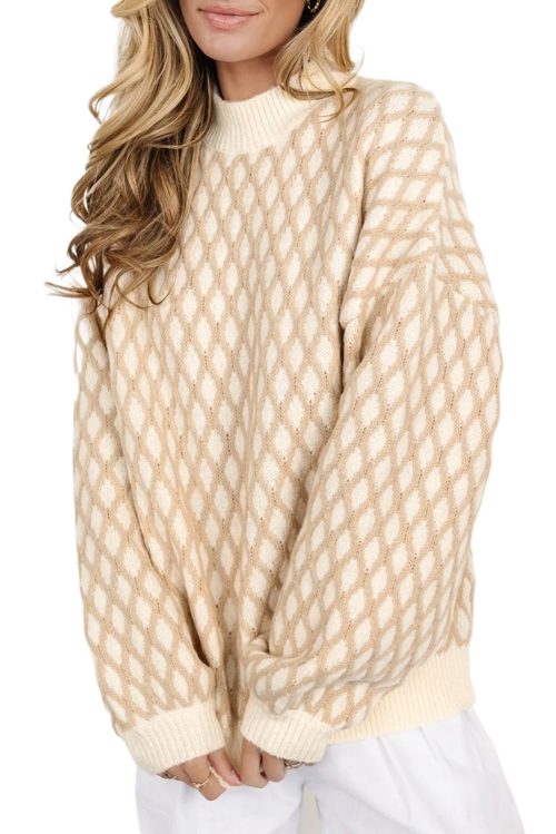 Women's Oatmeal Diamond Knit Drop Shoulder Loose Sweater - Casual Chic Style