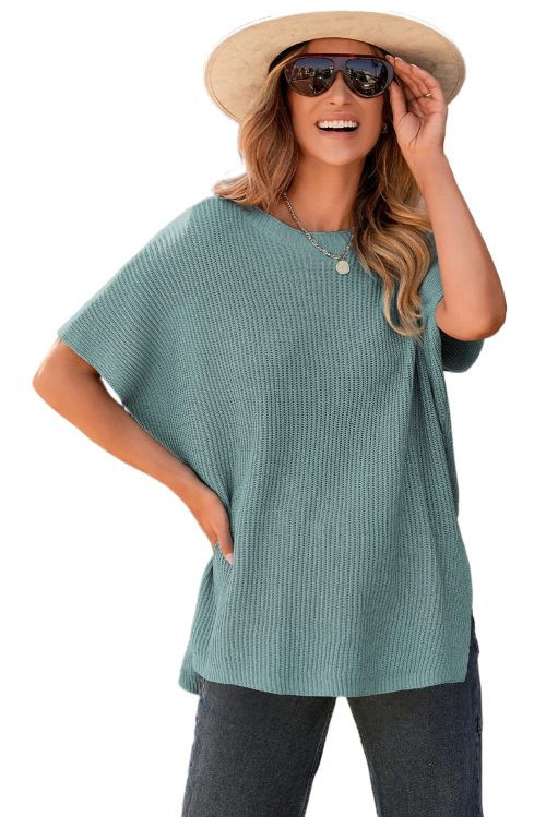 Women's Haze Blue Oversized Short Sleeve Sweater with Side Slits