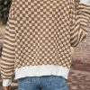 Women's Brown Checkered Striped Patched Buttoned V Neck Cardigan - Image 3