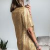 Women's Gold Metallic Luster Crewneck Mini T-Shirt Dress - Chic Casual Style - Image 2