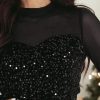 Women's Black Sequin Velvet Sheer Mesh Mock Neck Blouse for Elegant Night Out - Image 6