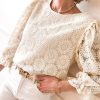 Women's Oatmeal Floral Jacquard Ruffled 3/4 Sleeve Blouse - Image 4