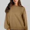 Women's Classic Brown Pullover Sweatshirt with O Neck and High-Low Hem - Image 3