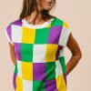 Women's Tillandsia Purple Color Block Cap Sleeve Sweater - Stylish Checkered Knit Top - Image 10