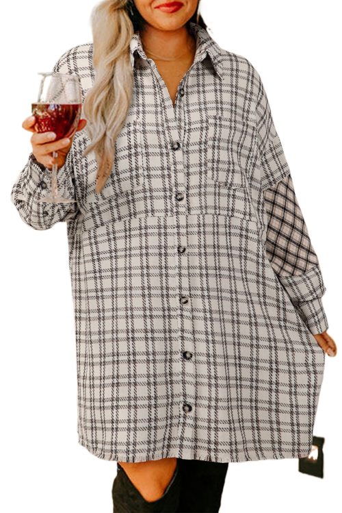 Plus Size White Stripe Plaid Buttoned Raw Hem Tunic Shirt Dress for Women