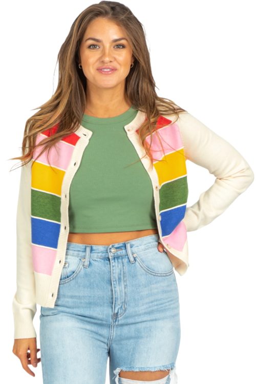 Women's White Stripe Colorful Pattern Button Front Sweater Cardigan