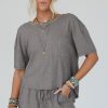 Women's Gray Solid Color Waffle Knit T-Shirt and Shorts Set - Casual Chic Two Piece Outfit - Image 5