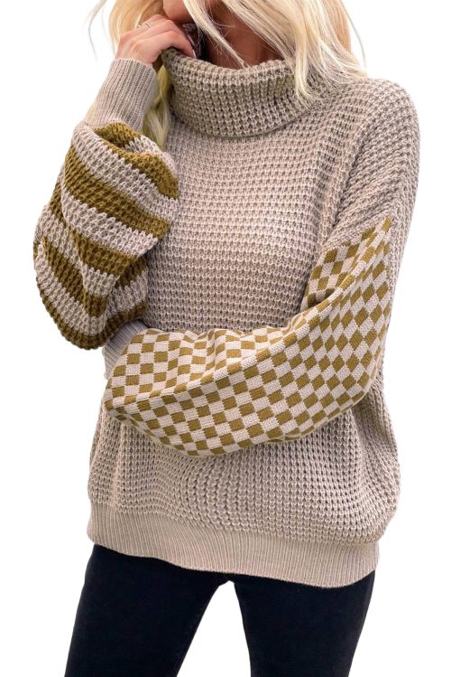 Women's Smoke Gray Striped Plaid Patchwork Waffle Knit Turtleneck Sweater