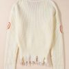 Women's Beige Cable Knit Pumpkin Raw Hem V Neck Sweater - Image 8