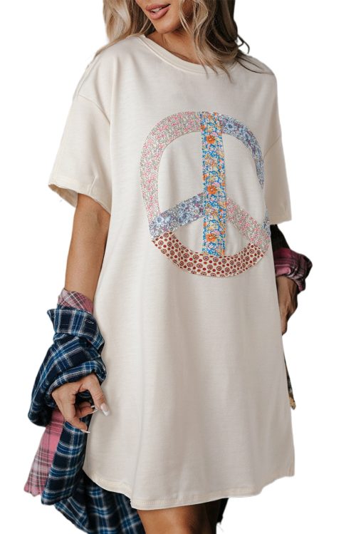 Women's White Floral Peace Sign Graphic T-Shirt Dress - Casual Mini Dress